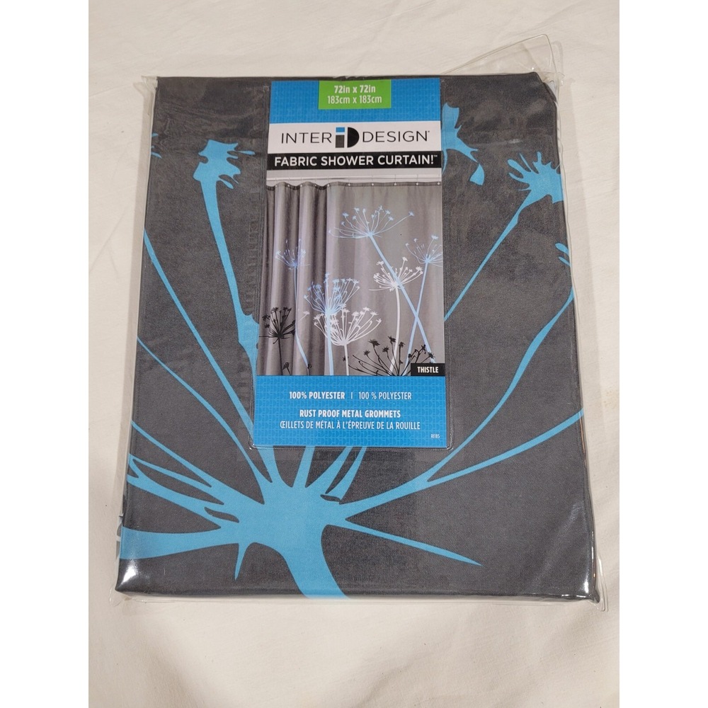 New! InterDesign Thistle Floral Shower Curtain Gray Blue 72" x 72" Sealed